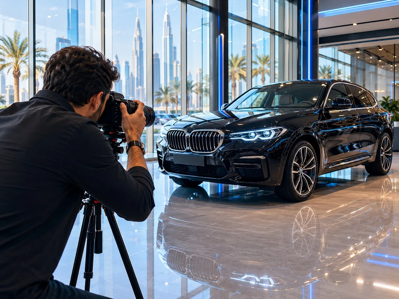 Carology team photographing a customer's car for consignment in a Dubai showroom