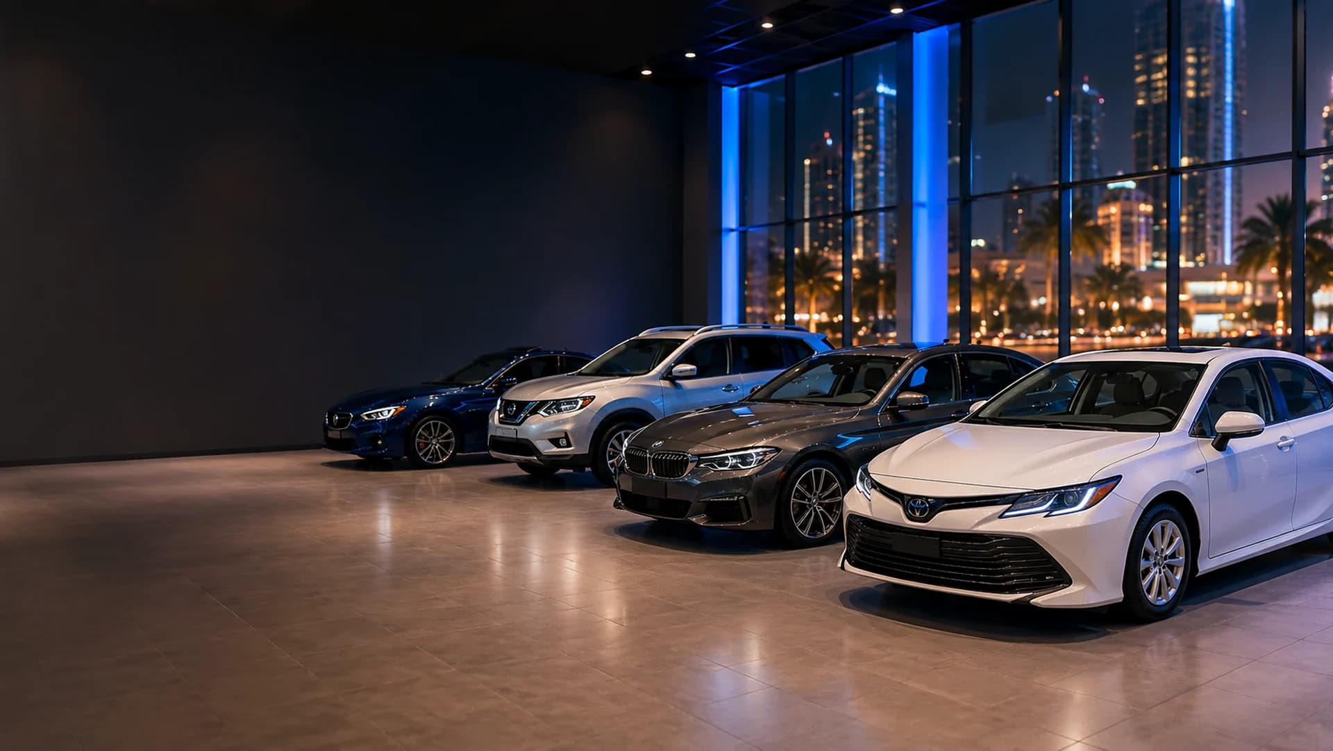 A row of inspected used cars in the Carology showroom in Business Bay, Dubai, with the city skyline through the window